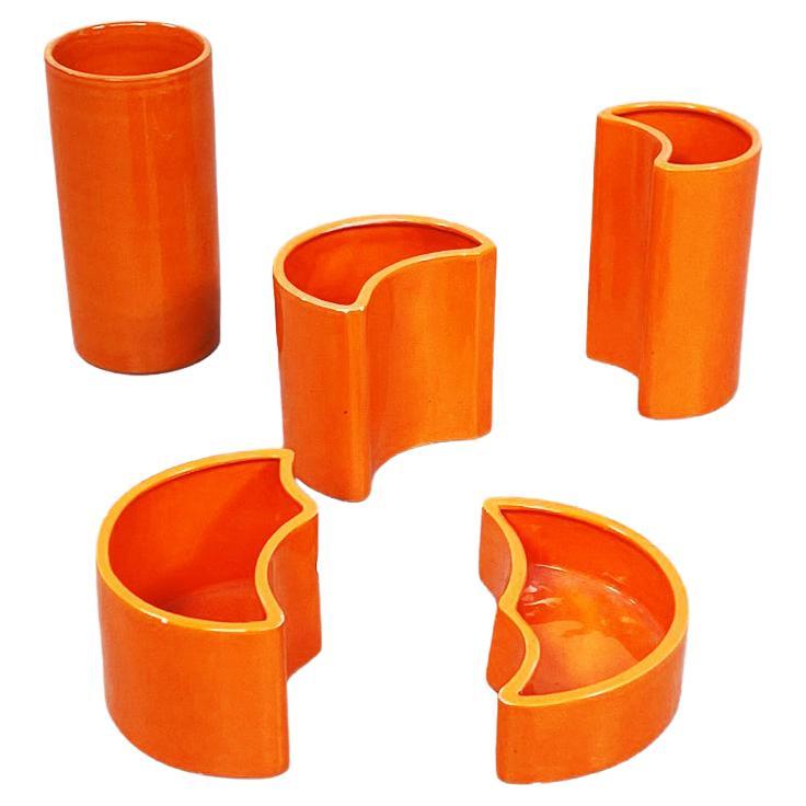 Italian Mid-Century Orange Ceramic Cylindrical Half-Moon Irregular Vases, 1970s