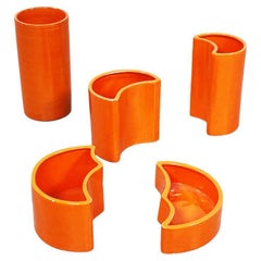 Vintage Italian Mid-Century Orange Ceramic Cylindrical Half-Moon Irregular Vases, 1970s