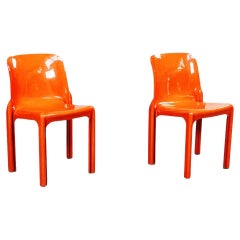 Italian Mid-Century Orange Plastic Selene Chairs by Magistretti Artemide, 1960s