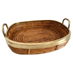 Italian Mid-Century Organic Serving Tray in Natural Rattan and Brass, 1970s