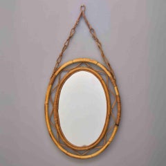 Italian Mid-Century Oval Bamboo & Rattan Wall Mirror with Chain Hanger