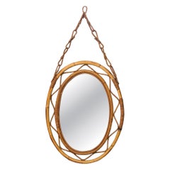 Italian Mid-Century Oval Bamboo & Rattan Wall Mirror with Chain Hanger