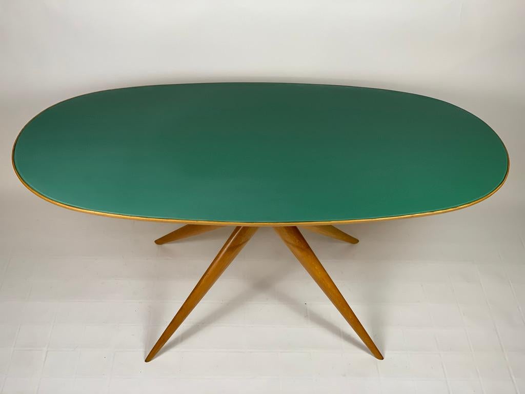Italian Mid Century Oval Dining Table Green Glass Top In Good Condition In Firenze, Toscana
