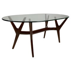 Italian Mid Century Oval Glass Top Branched Slender Base Coffee Table