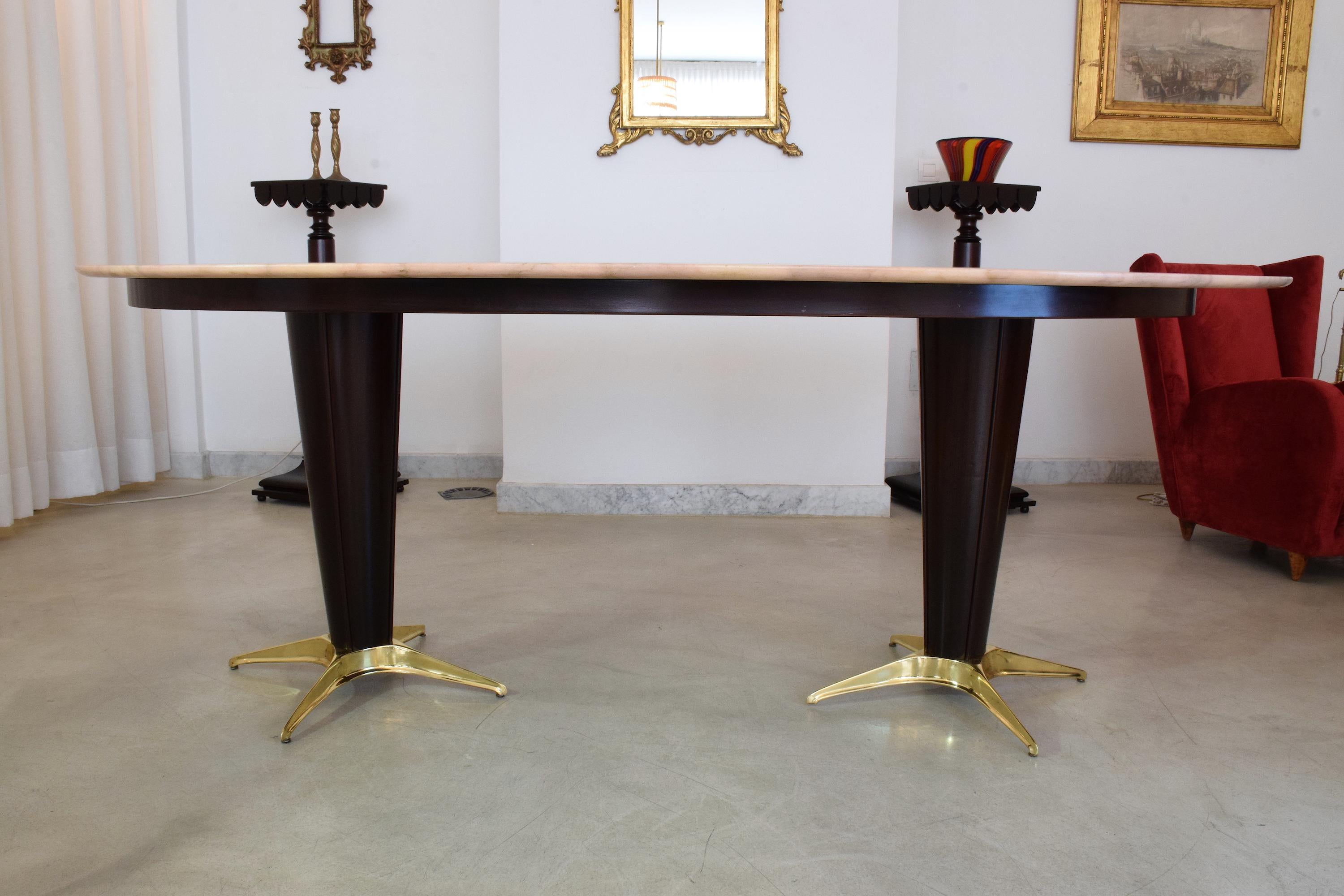 Brass Italian Midcentury Big Oval Marble Dining Table, 1950s For Sale