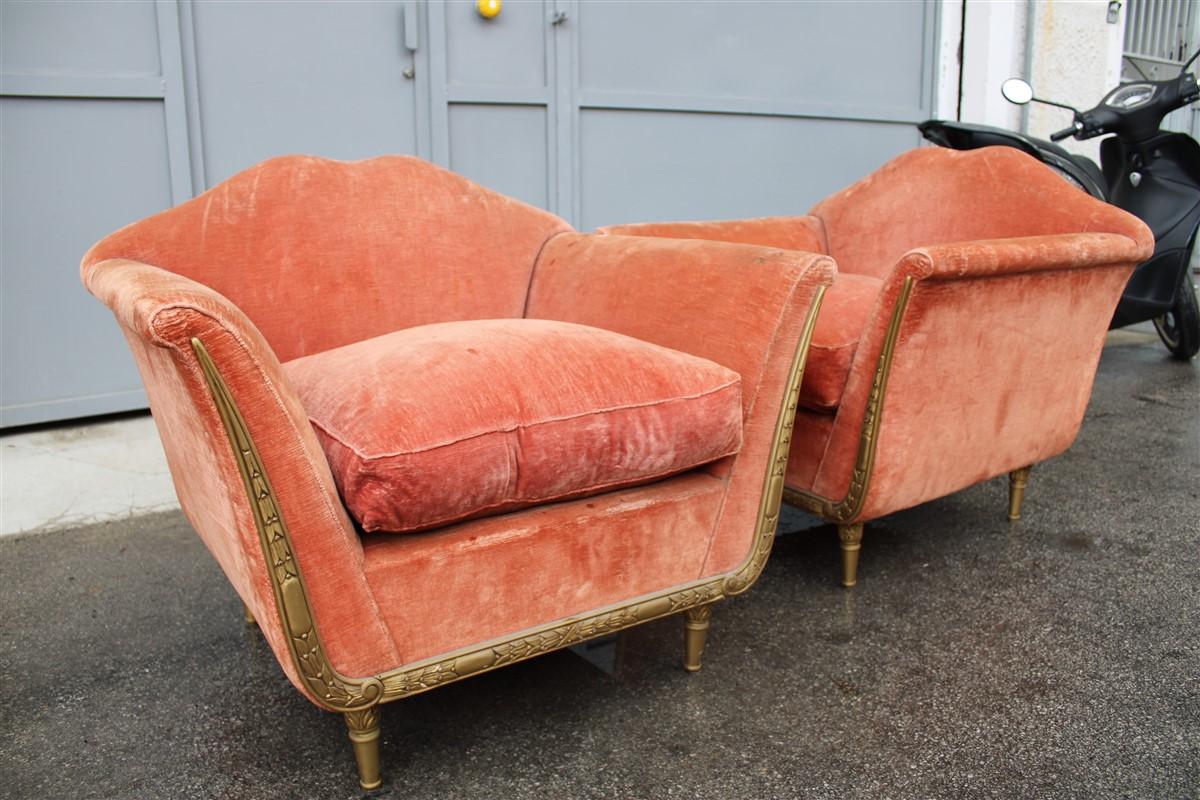 Italian Midcentury Armchairs Pink Velvet Wood Gold Plate Ulrich Guglielmo Style For Sale 5
