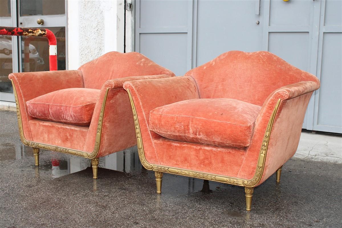 Italian Midcentury Armchairs Pink Velvet Wood Gold Plate Ulrich Guglielmo Style In Fair Condition For Sale In Palermo, Sicily