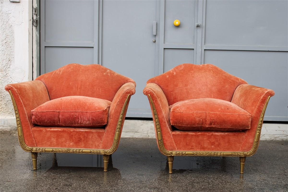 Mid-20th Century Italian Midcentury Armchairs Pink Velvet Wood Gold Plate Ulrich Guglielmo Style For Sale