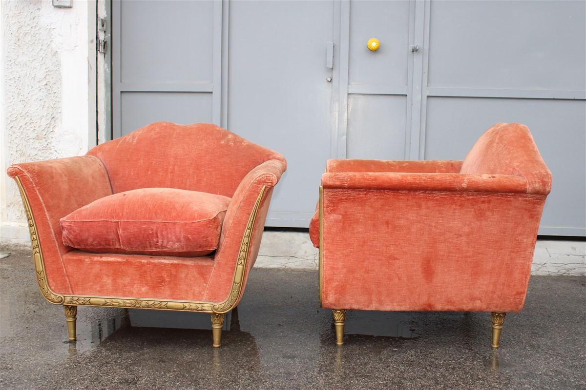 Italian Midcentury Armchairs Pink Velvet Wood Gold Plate Ulrich Guglielmo Style For Sale 1
