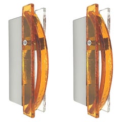 Italian Mid-Century Pair of Amber Clear Murano Glass Wall Sconces, 1970s