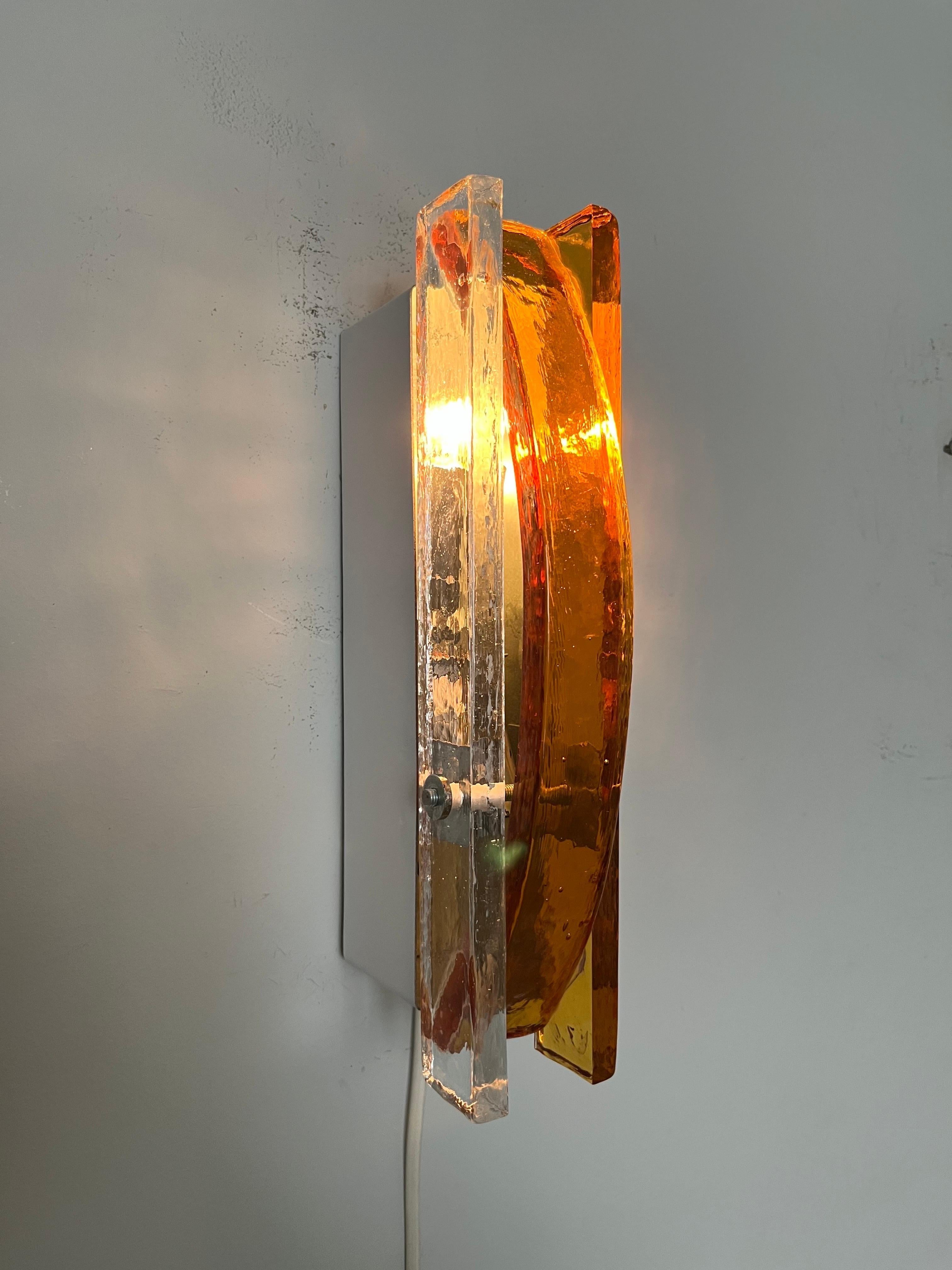 Italian Mid-Century Pair of Amber Clear Murano Wall Sconces by Poliarte, 1970s For Sale 7