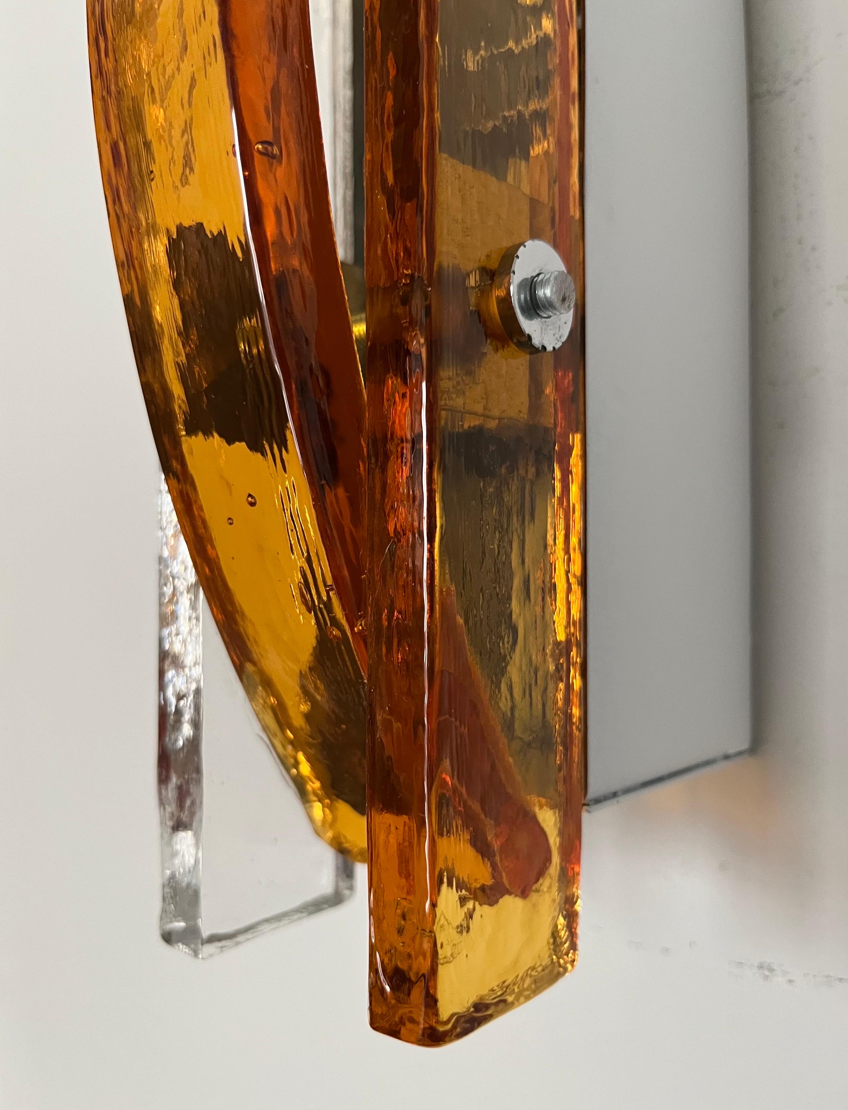 Late 20th Century Italian Mid-Century Pair of Amber Clear Murano Wall Sconces by Poliarte, 1970s For Sale