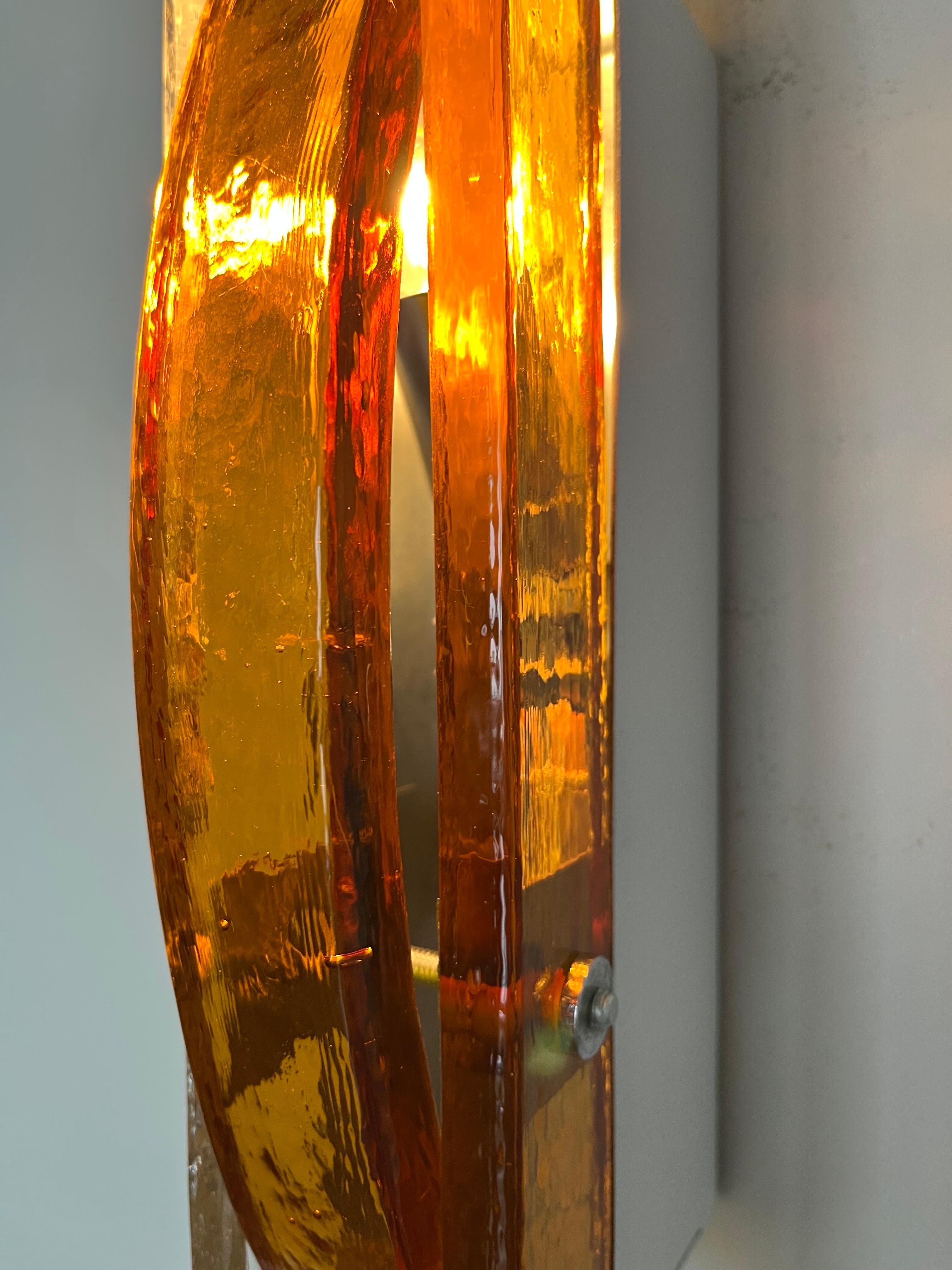 Metal Italian Mid-Century Pair of Amber Clear Murano Wall Sconces by Poliarte, 1970s For Sale