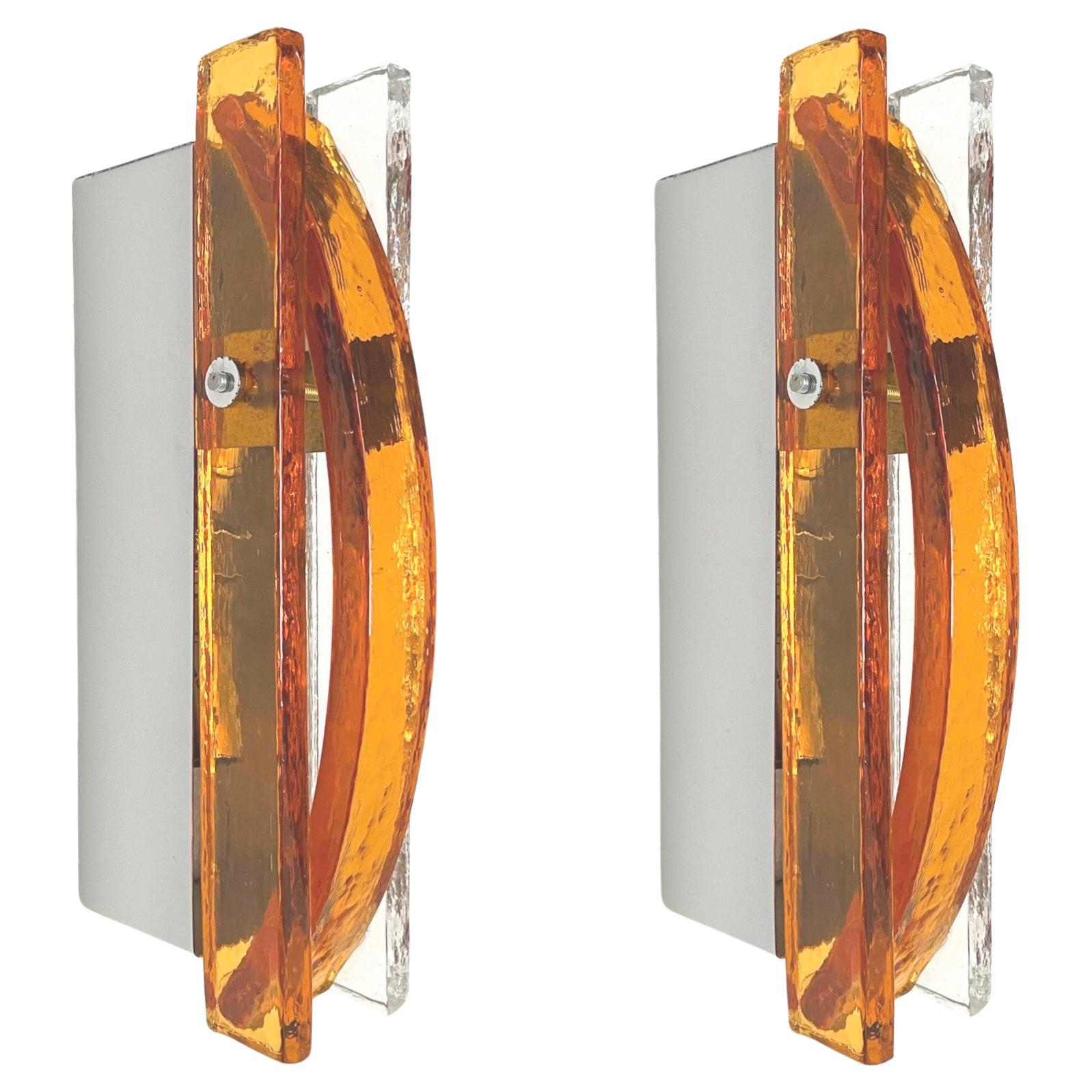 Italian Mid-Century Pair of Amber Clear Murano Wall Sconces by Poliarte, 1970s For Sale
