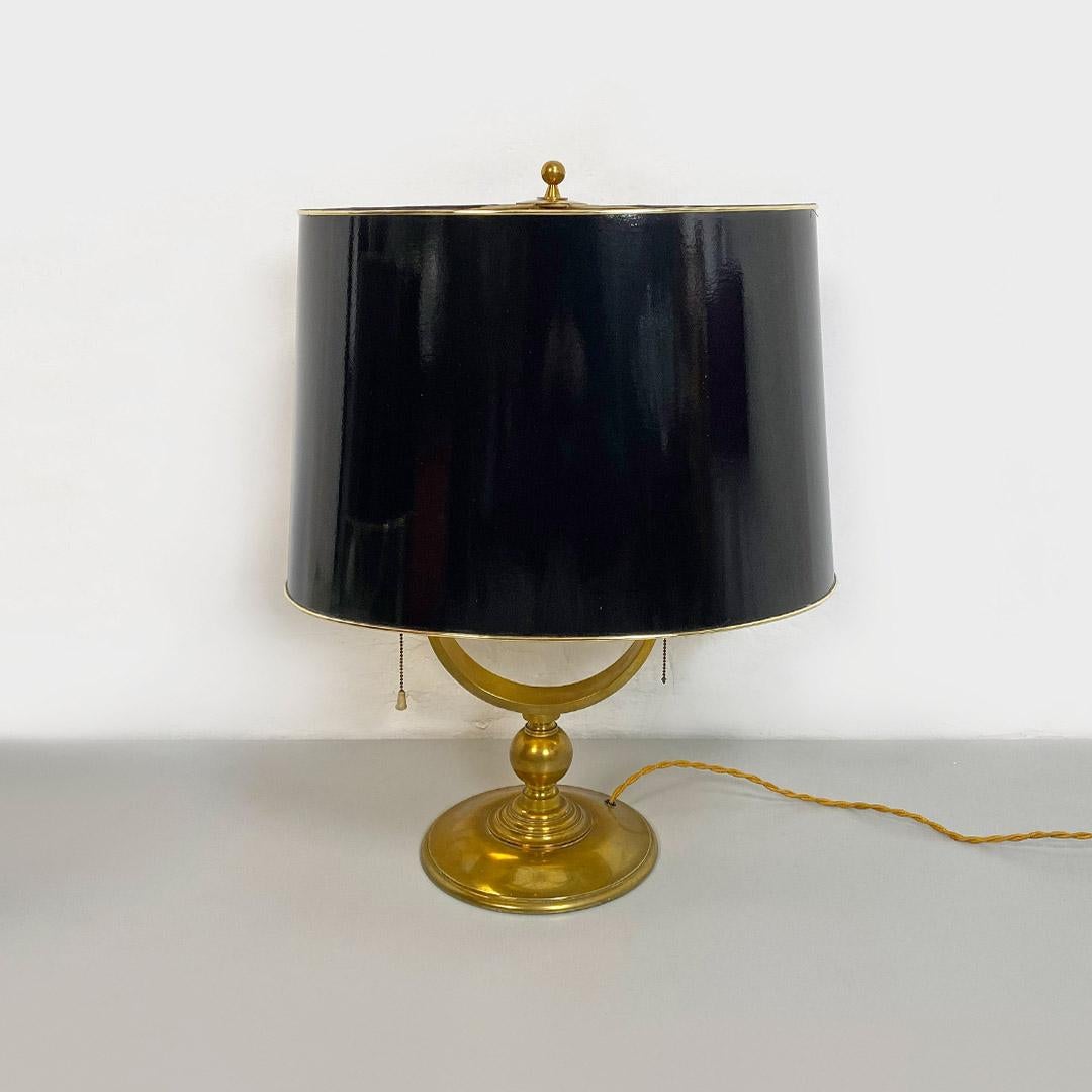 Mid-Century Modern Italian Mid Century Pair of Brass and Glossy Black Lampshade Table Lamps, 1940s For Sale
