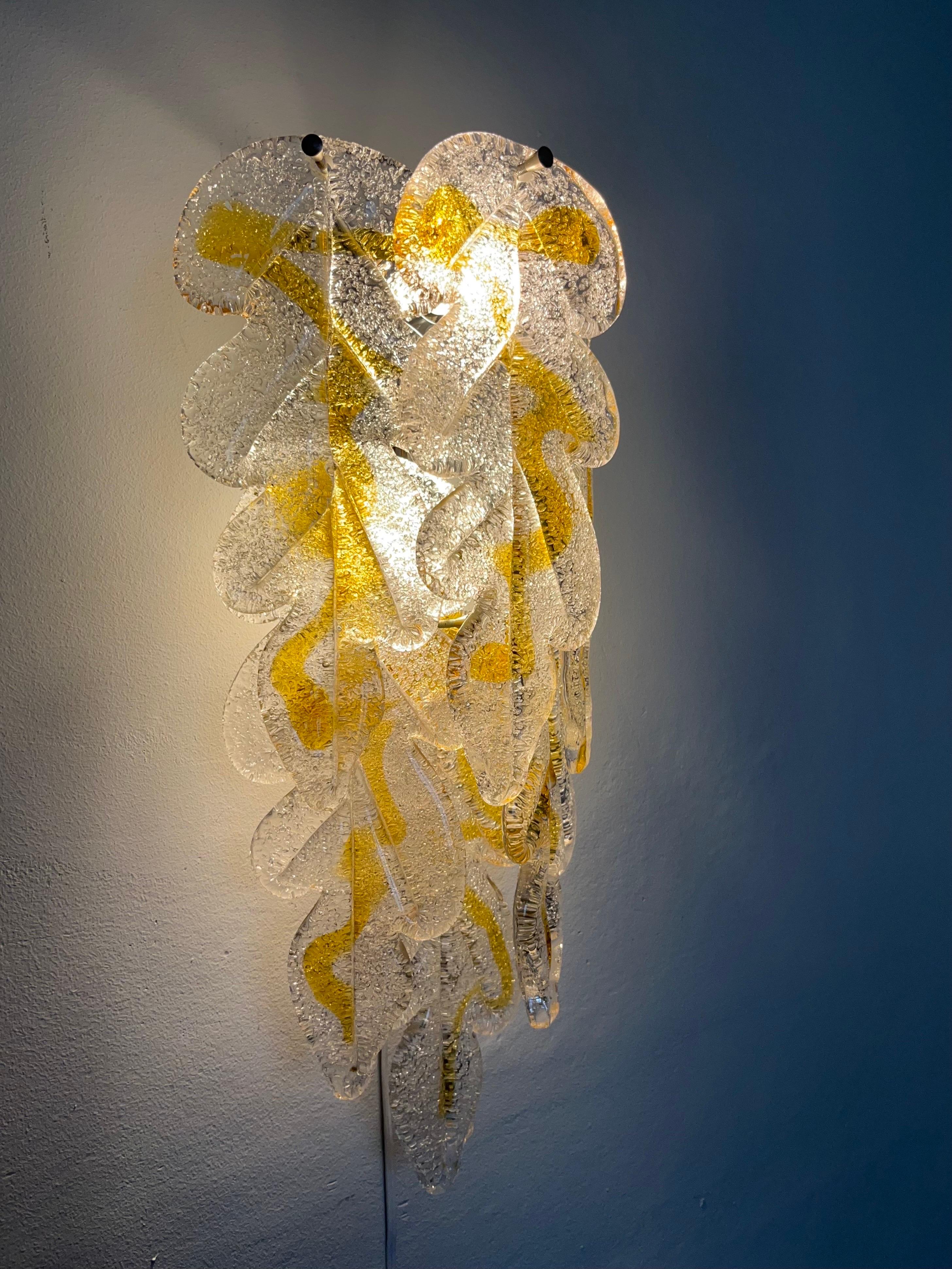 Italian Midcentury Pair of Clear Amber Murano Wall Sconces by Mazzega, 1970s For Sale 4