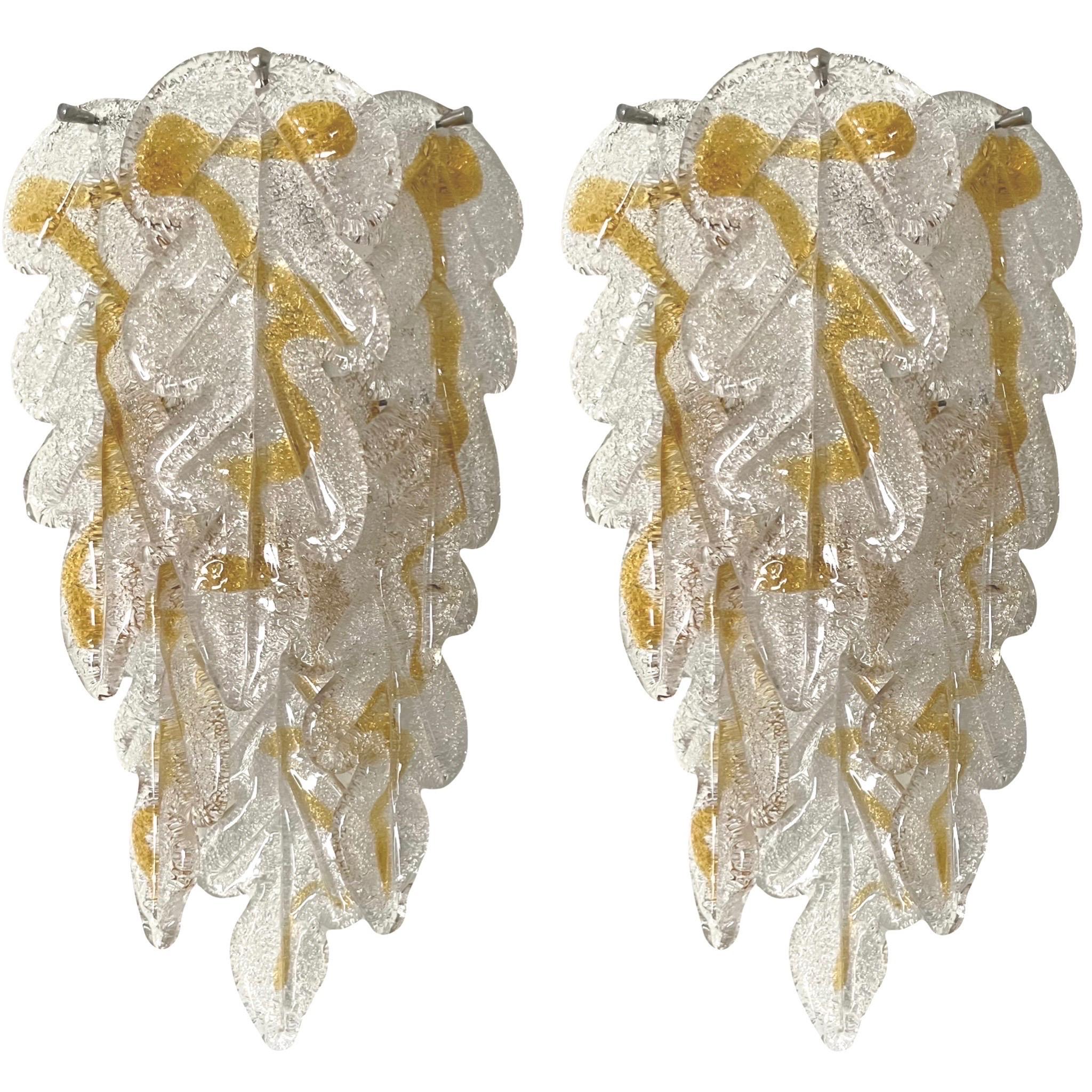 Italian Midcentury Pair of Clear Amber Murano Wall Sconces by Mazzega, 1970s 9