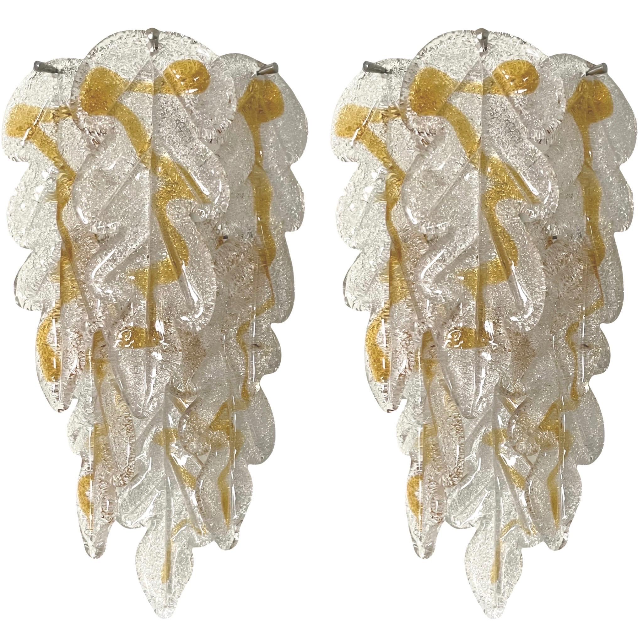Italian Midcentury Pair of Clear Amber Murano Wall Sconces by Mazzega, 1970s For Sale 9