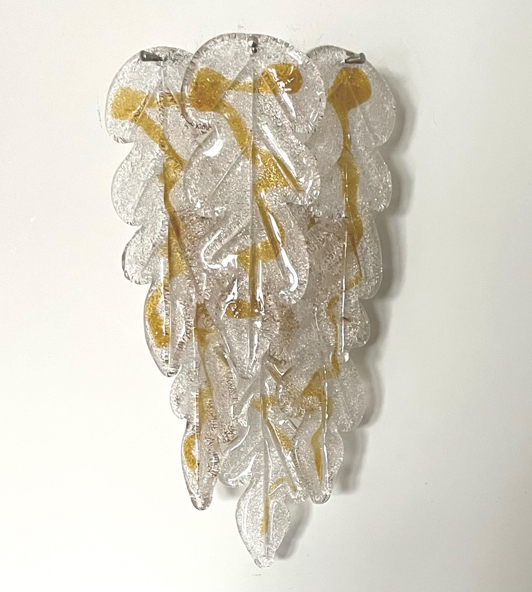 Metal Italian Midcentury Pair of Clear Amber Murano Wall Sconces by Mazzega, 1970s For Sale