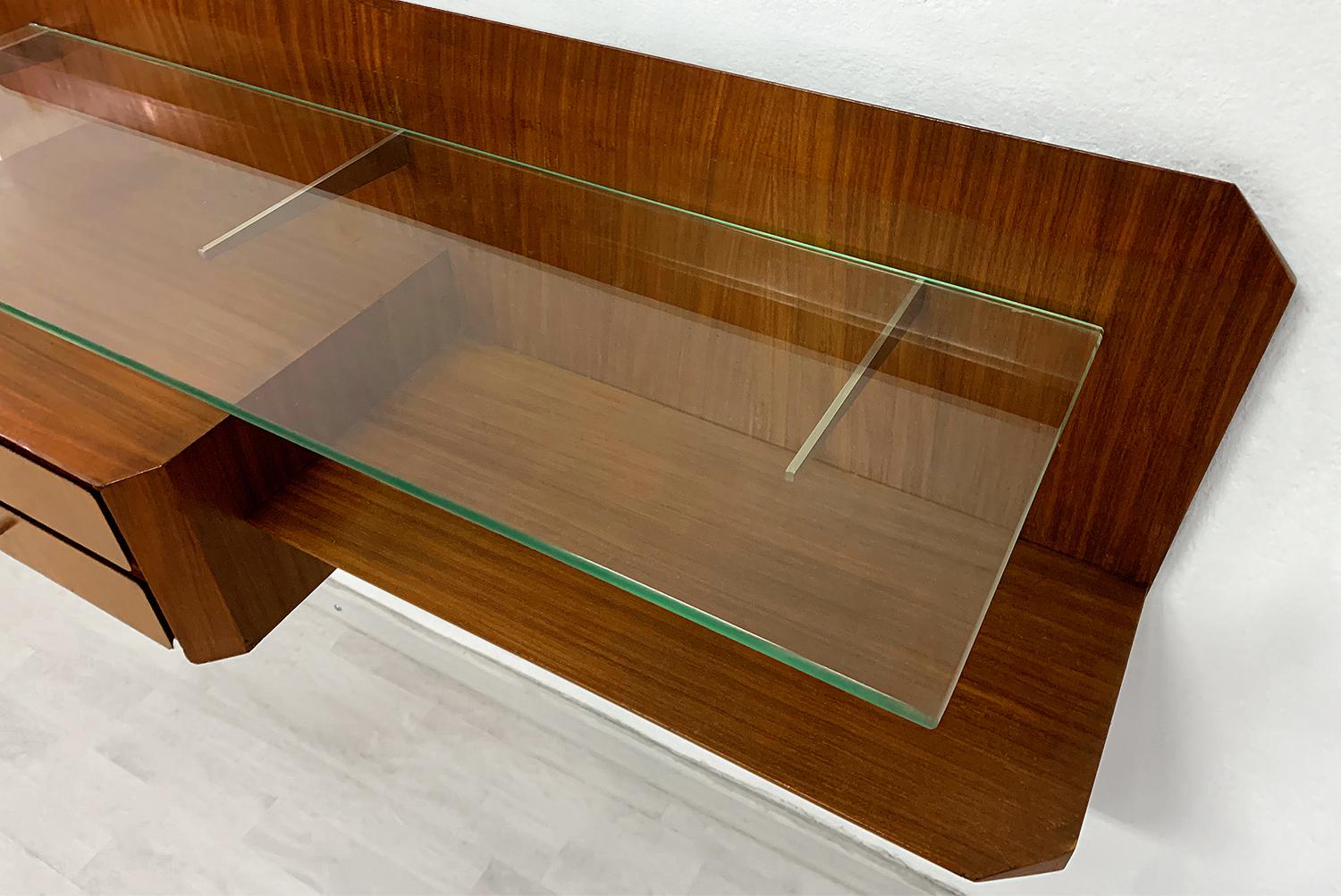 Glass Italian Mid-Century Pair of Floating Wall Teakwood Console by Moscatelli, 1960s For Sale