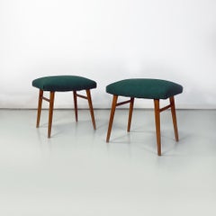Italian Mid Century Pair of Green Fabric and Wooden Legs Poufs or Stools, 1960s