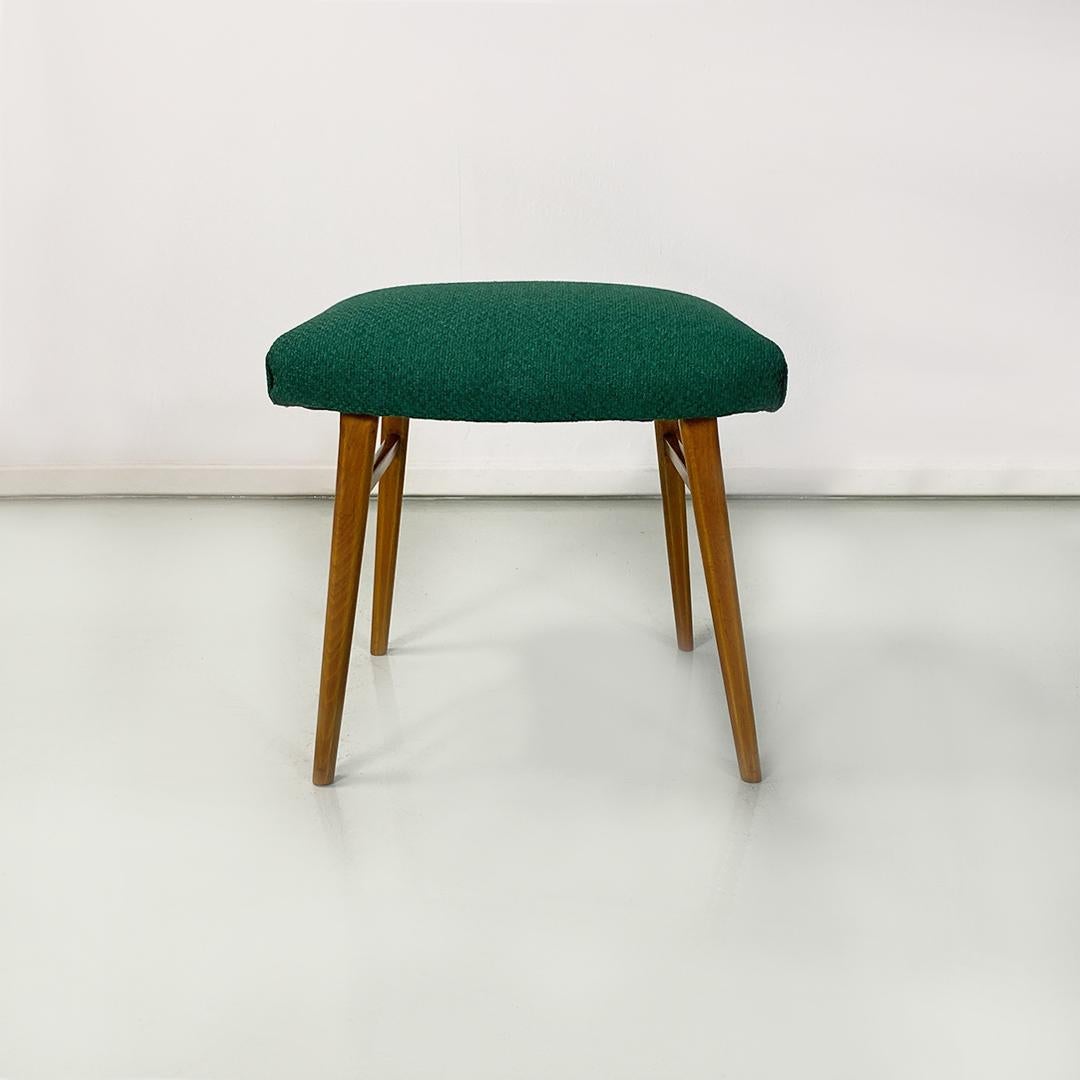 Scandinavian Italian Mid Century Pair of Green Fabric and Wooden Legs Poufs or Stools, 1960s For Sale