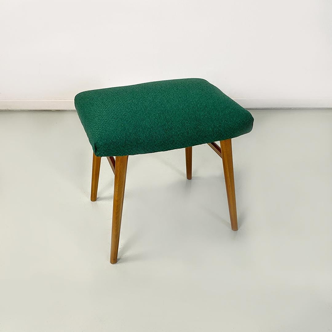 Mid-20th Century Italian Mid Century Pair of Green Fabric and Wooden Legs Poufs or Stools, 1960s For Sale