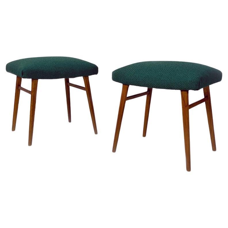 Italian Mid Century Pair of Green Fabric and Wooden Legs Poufs or Stools, 1960s