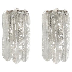 Italian Mid-Century Pair of Leaf Clear Murano Glass Wall Sconces, 1970s