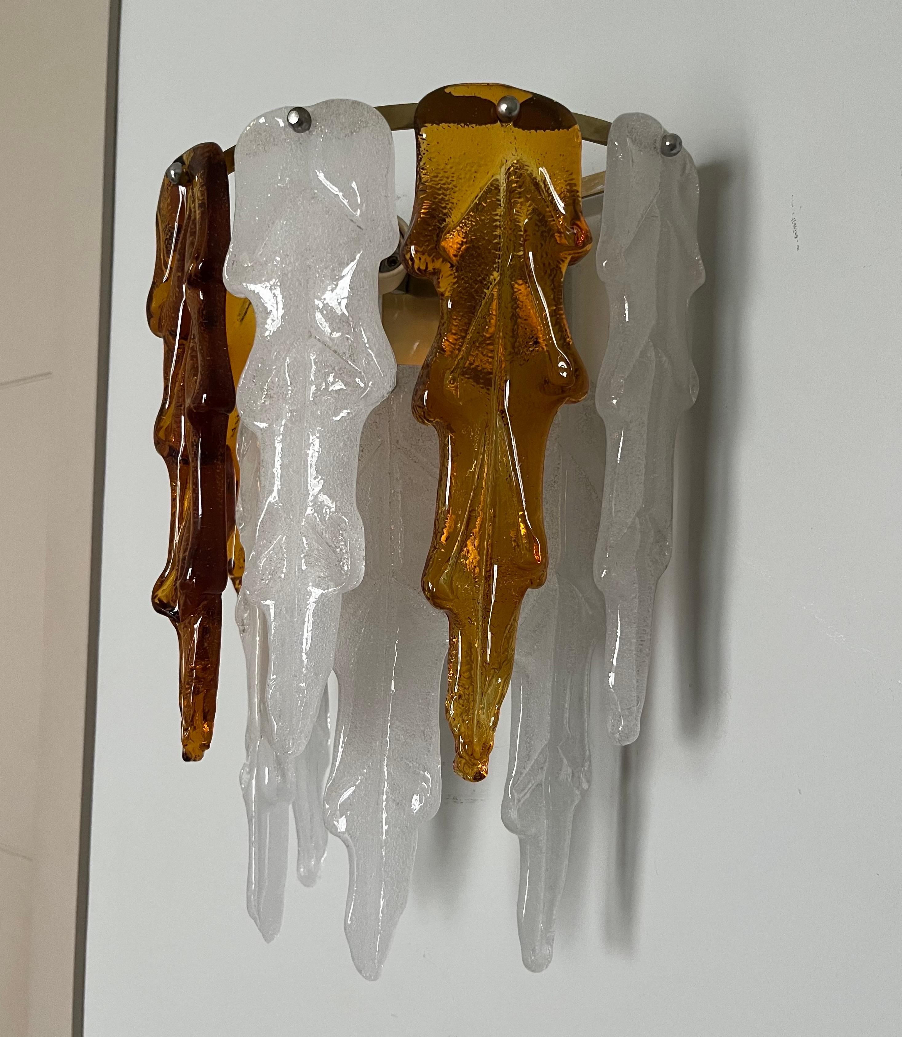 Late 20th Century Unique Mid-Century Pair of Italian White Amber Murano Wall Sconces, 1970s