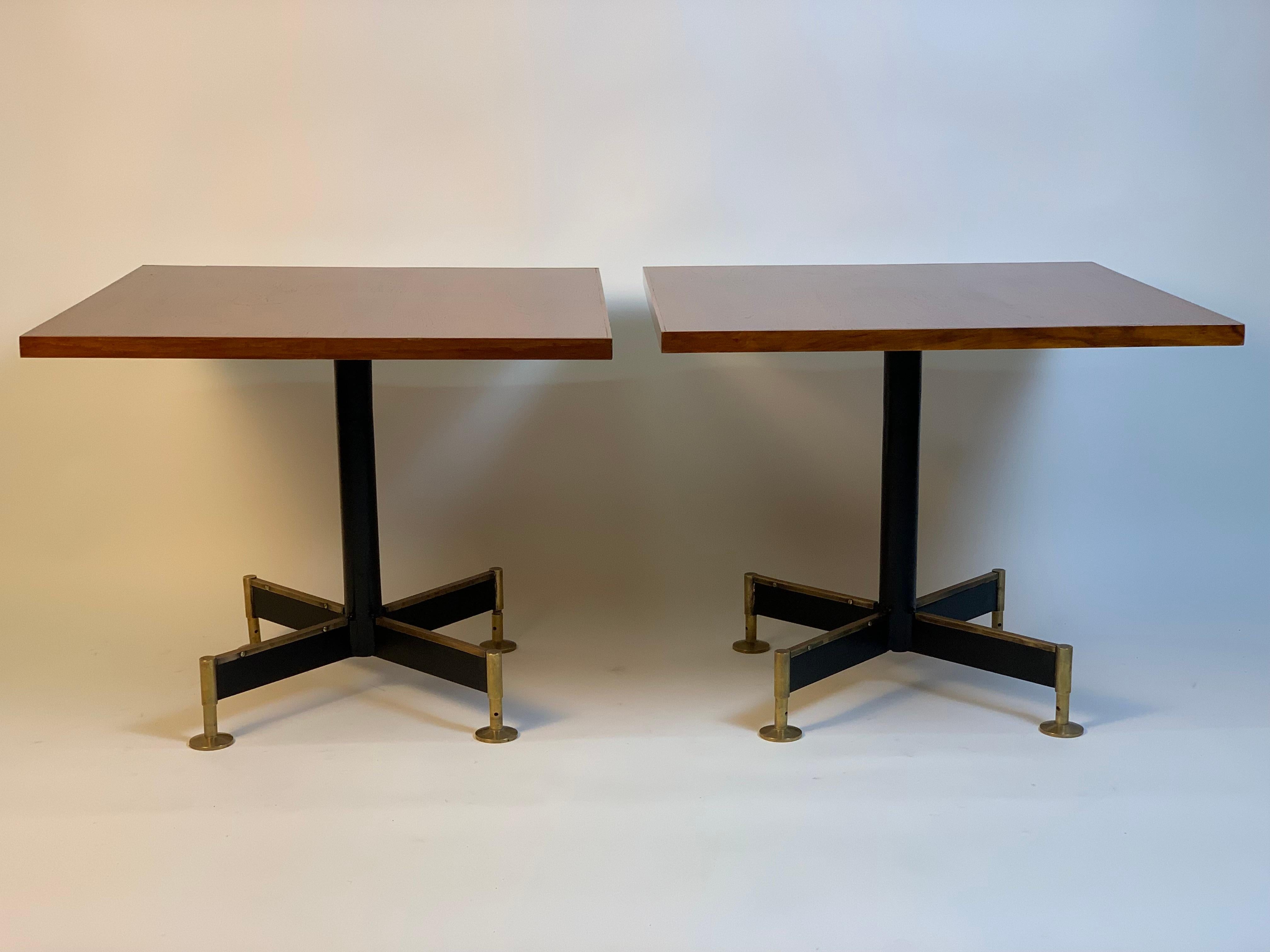 Mid-Century Modern Italian Mid Century  Pair Of Side Tables Brass and Black Iron Base Squared Top For Sale