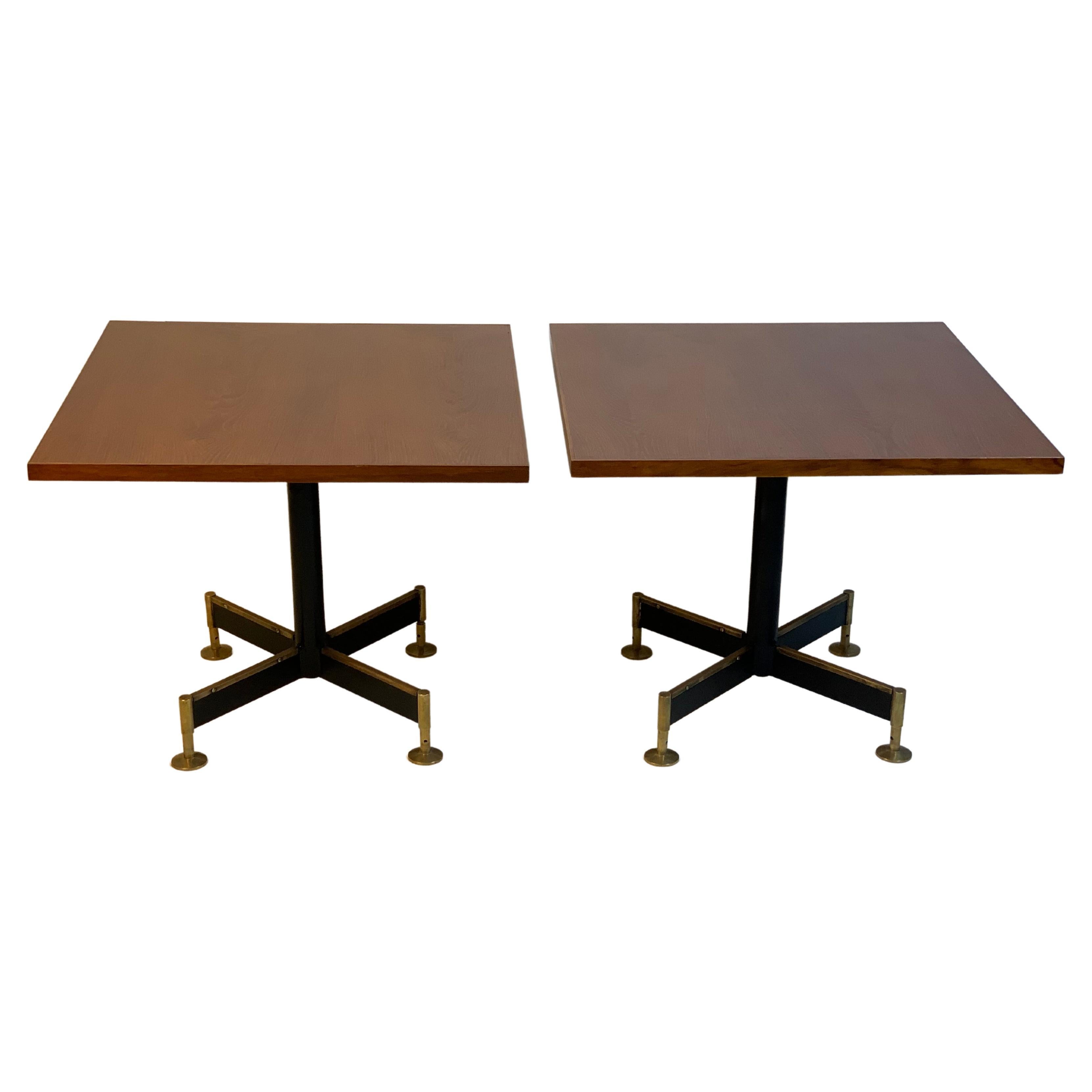 Italian Mid Century  Pair Of Side Tables Brass and Black Iron Base Squared Top For Sale