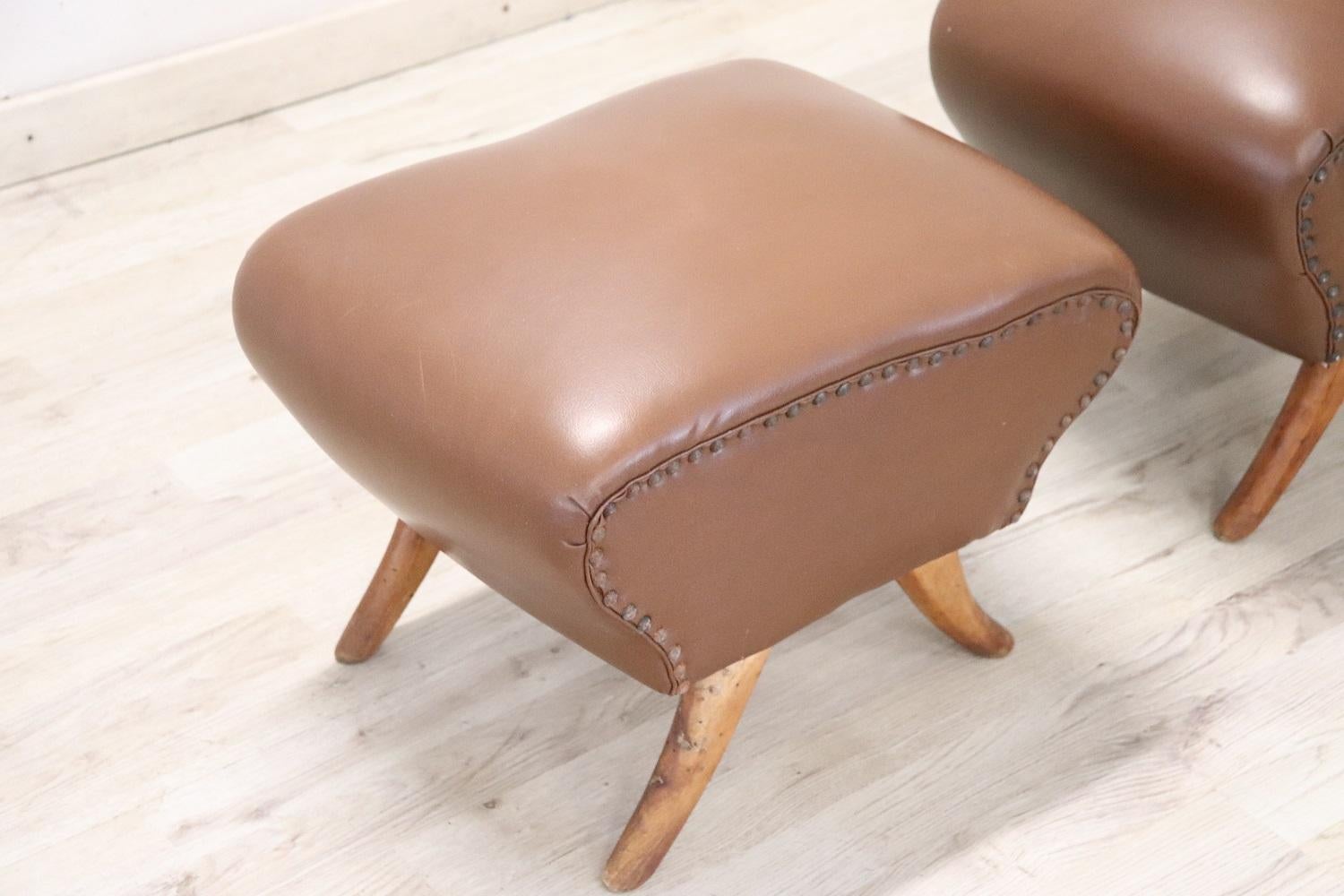 Mid-20th Century Italian Mid-Century Pair of Stools in Brown Faux Leather For Sale