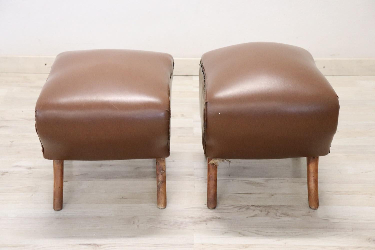 Italian Mid-Century Pair of Stools in Brown Faux Leather For Sale 1