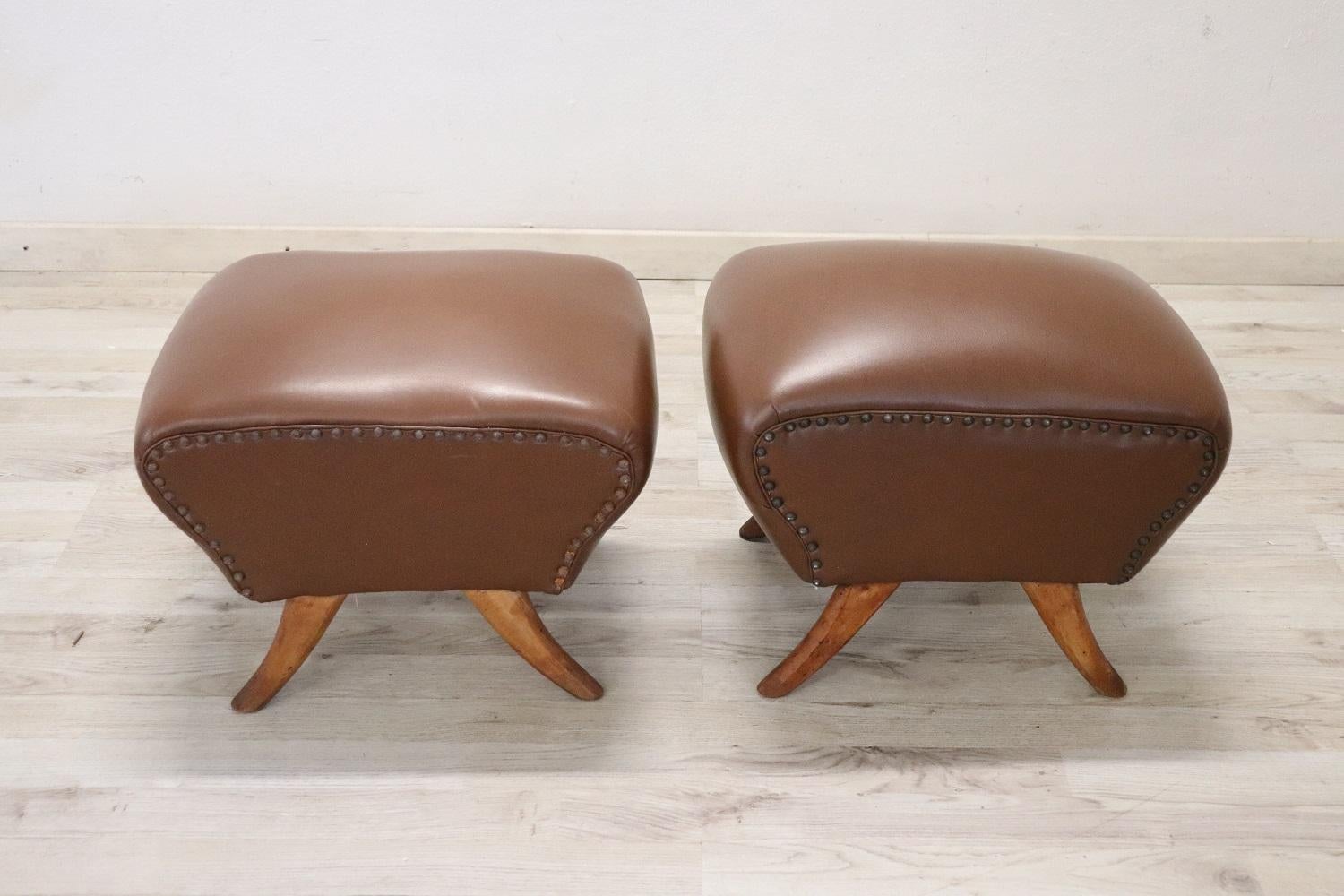 Italian Mid-Century Pair of Stools in Brown Faux Leather For Sale 2