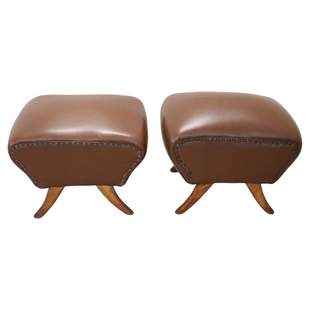 Italian Mid-Century Pair of Stools in Brown Faux Leather For Sale
