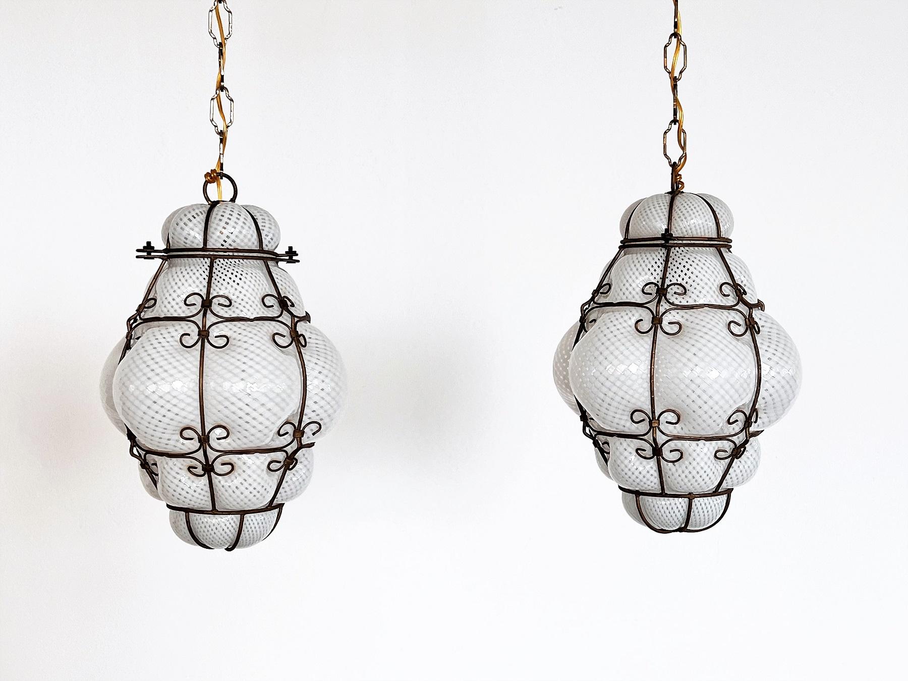 Hand-Crafted Italian Mid-Century Pair of Venetian Glass Reticello Lantern by Venini, 1950s