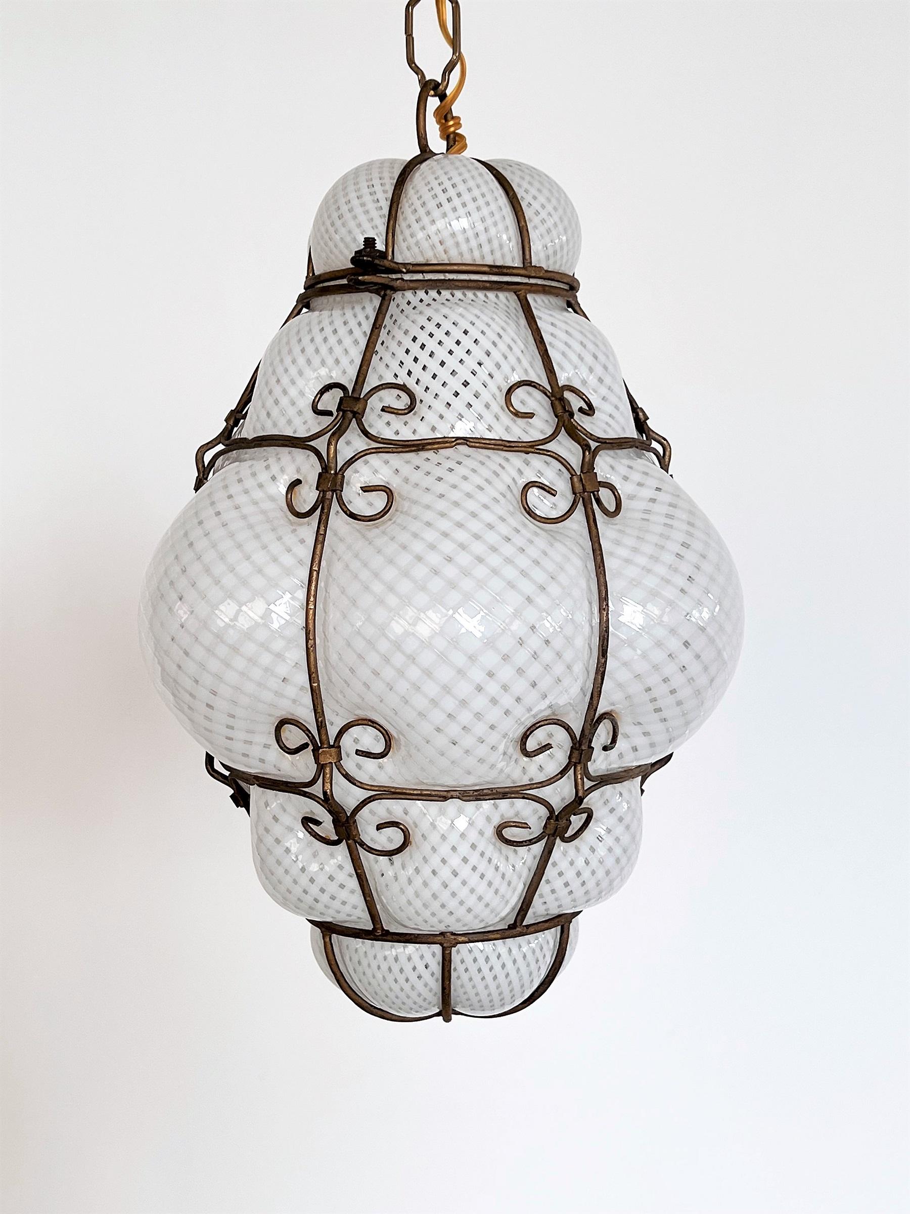 Mid-20th Century Italian Mid-Century Pair of Venetian Glass Reticello Lantern by Venini, 1950s