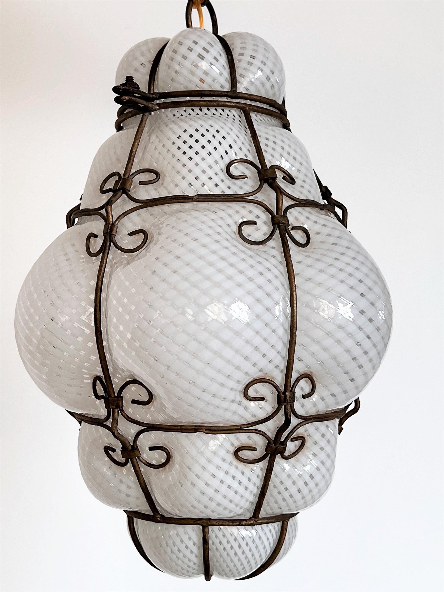 Metal Italian Mid-Century Pair of Venetian Glass Reticello Lantern by Venini, 1950s
