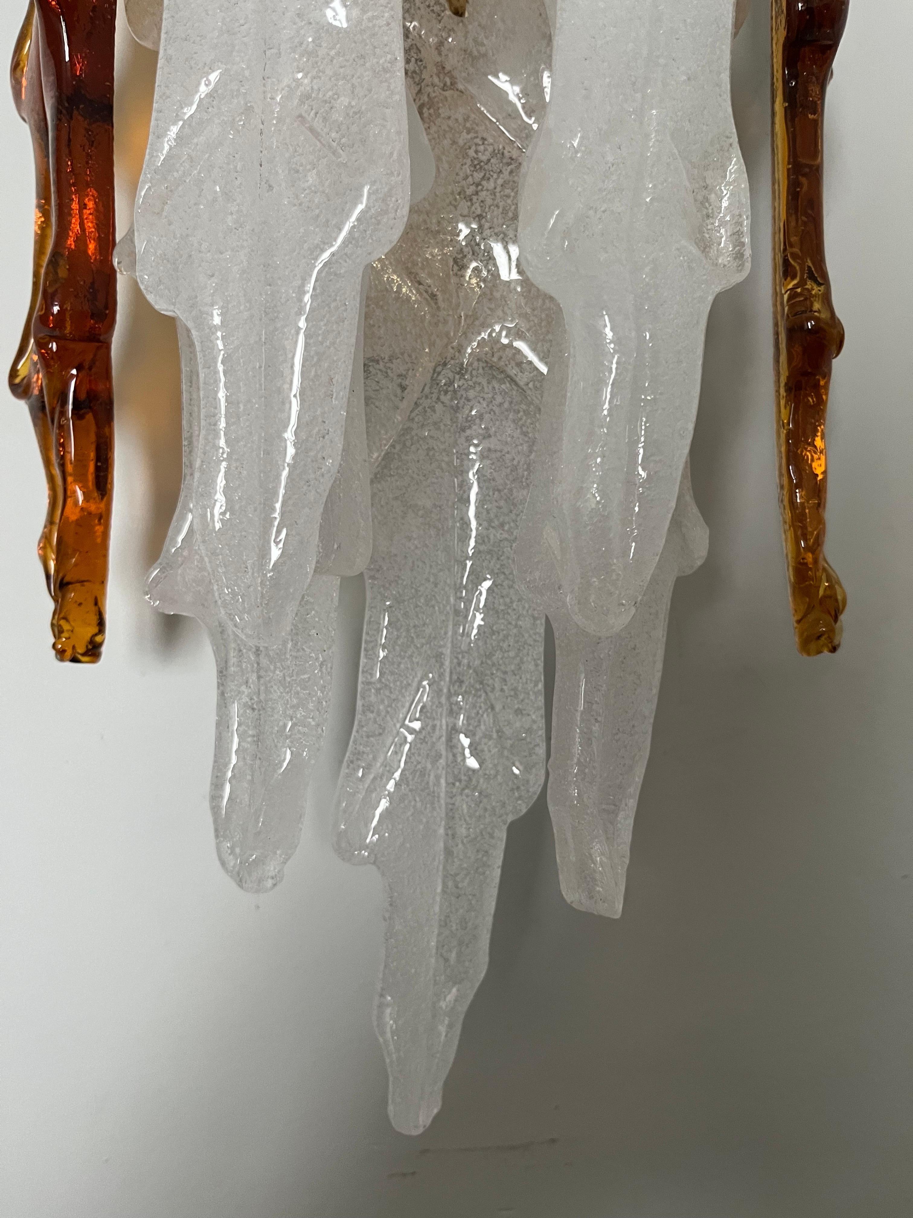 Italian Mid-Century Pair of White Amber Murano Wall Sconces by Mazzega, 1970s For Sale 11