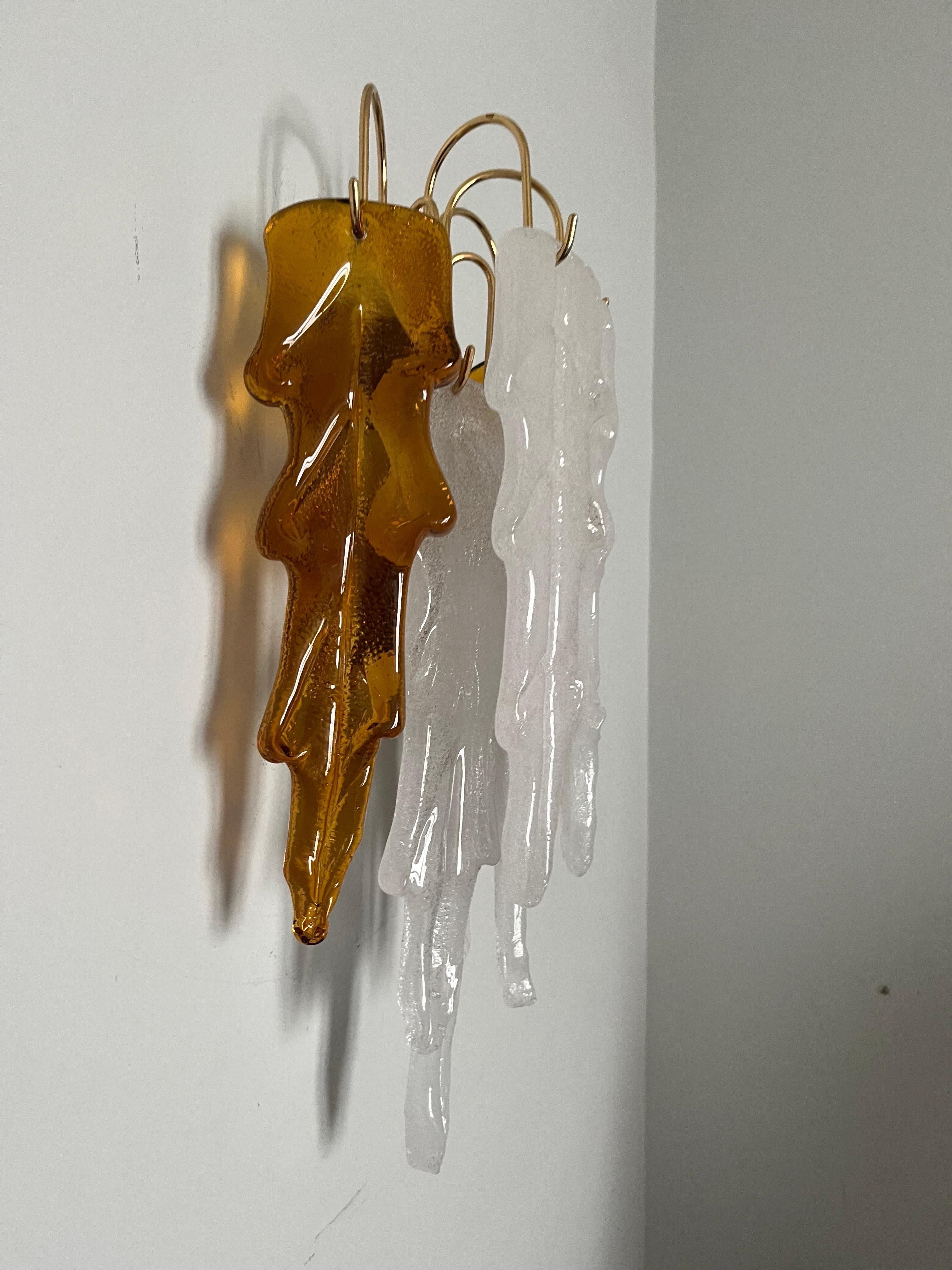 Italian Mid-Century Pair of White Amber Murano Wall Sconces by Mazzega, 1970s For Sale 12