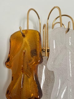 Italian Mid-Century Pair of White Amber Murano Wall Sconces by Mazzega, 1970s