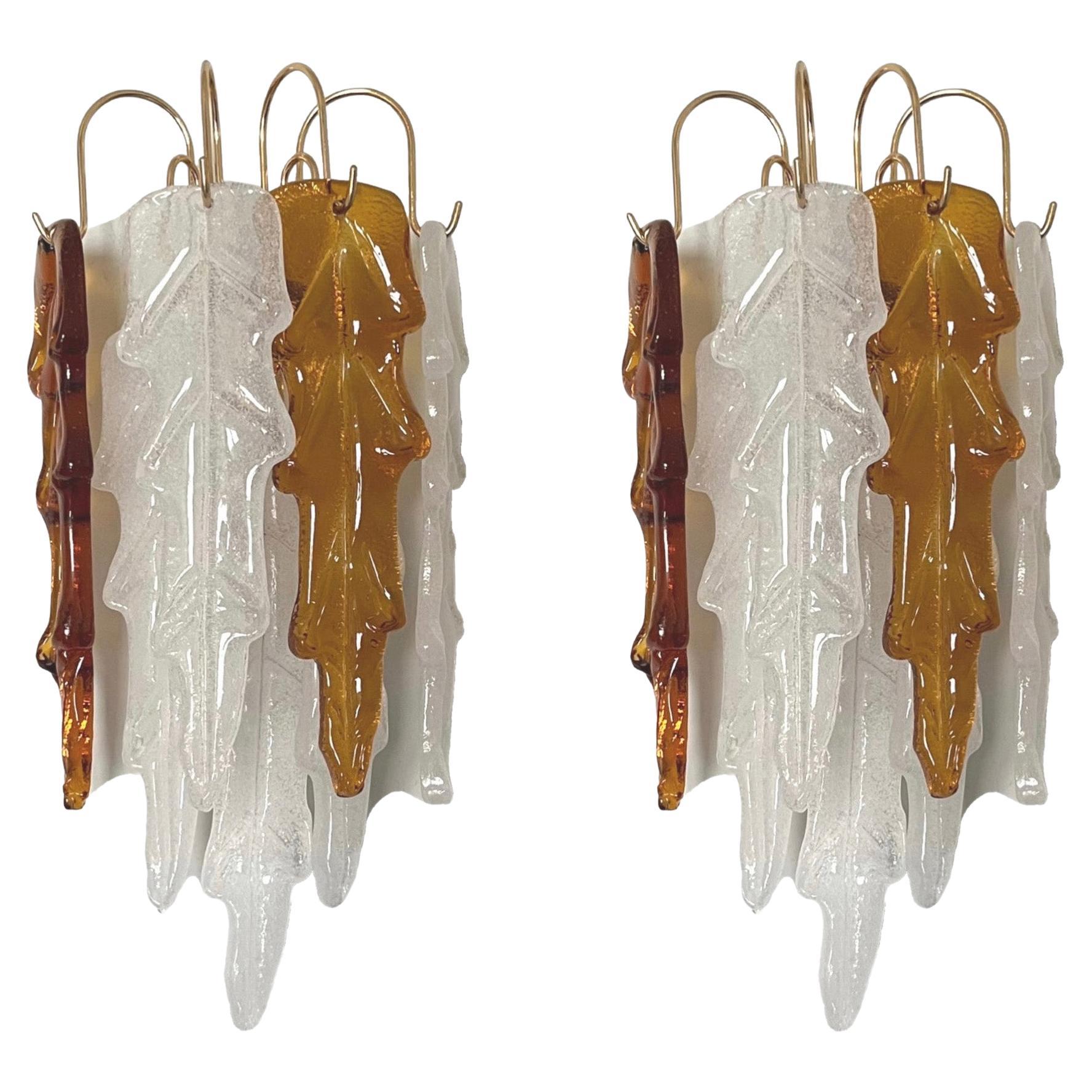 Italian Mid-Century Pair of White Amber Murano Wall Sconces by Mazzega, 1970s For Sale