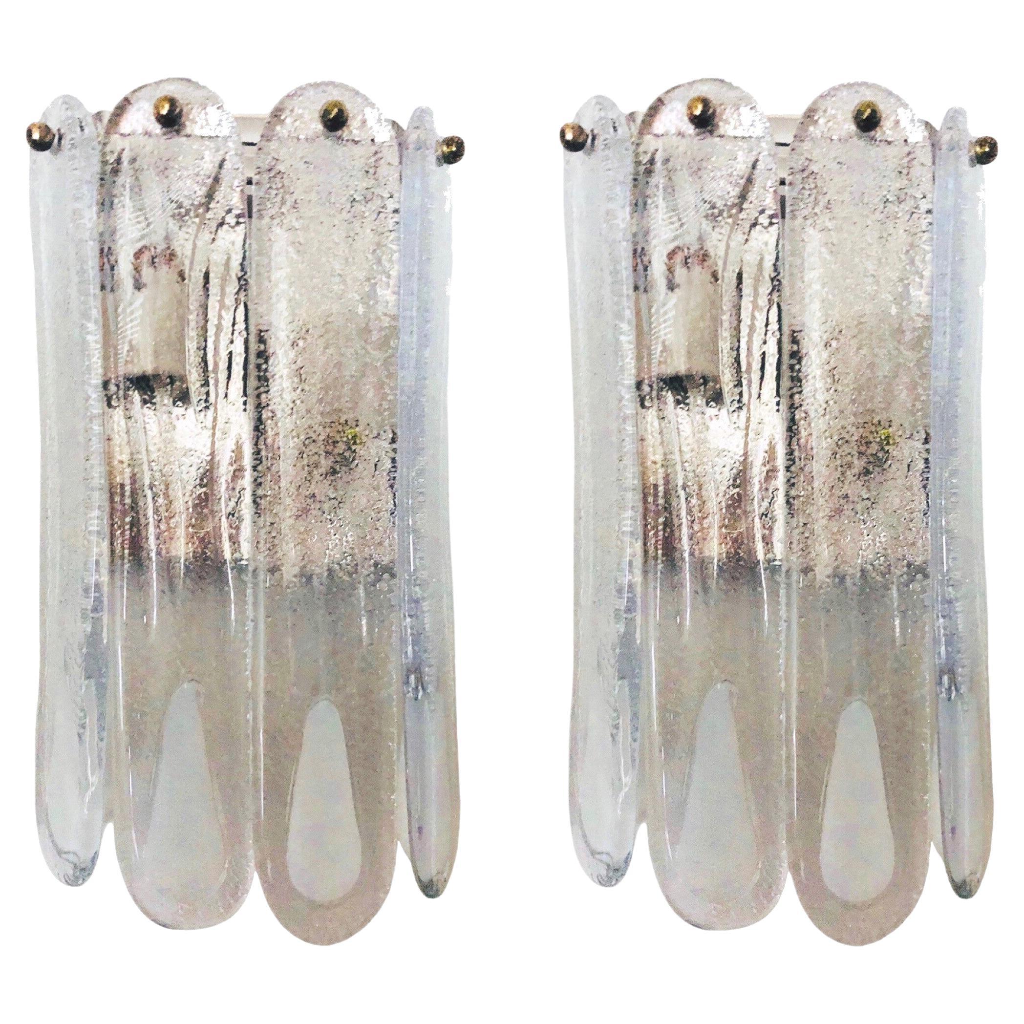 Italian Mid-Century Pair of White Murano Wall Sconces by Mazzega, 1970s