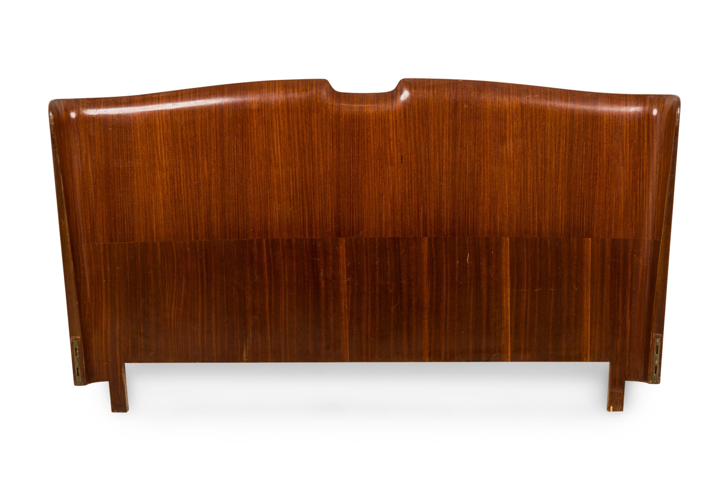 Italian Mid-Century mahogany queen size bed with a shaped top having an indented center on the headboard and footboard with a V design veneer (PAOLO BUFFA) (headboard, footboard -19high, 2 rails) NOTE: could be adapted without rails to California