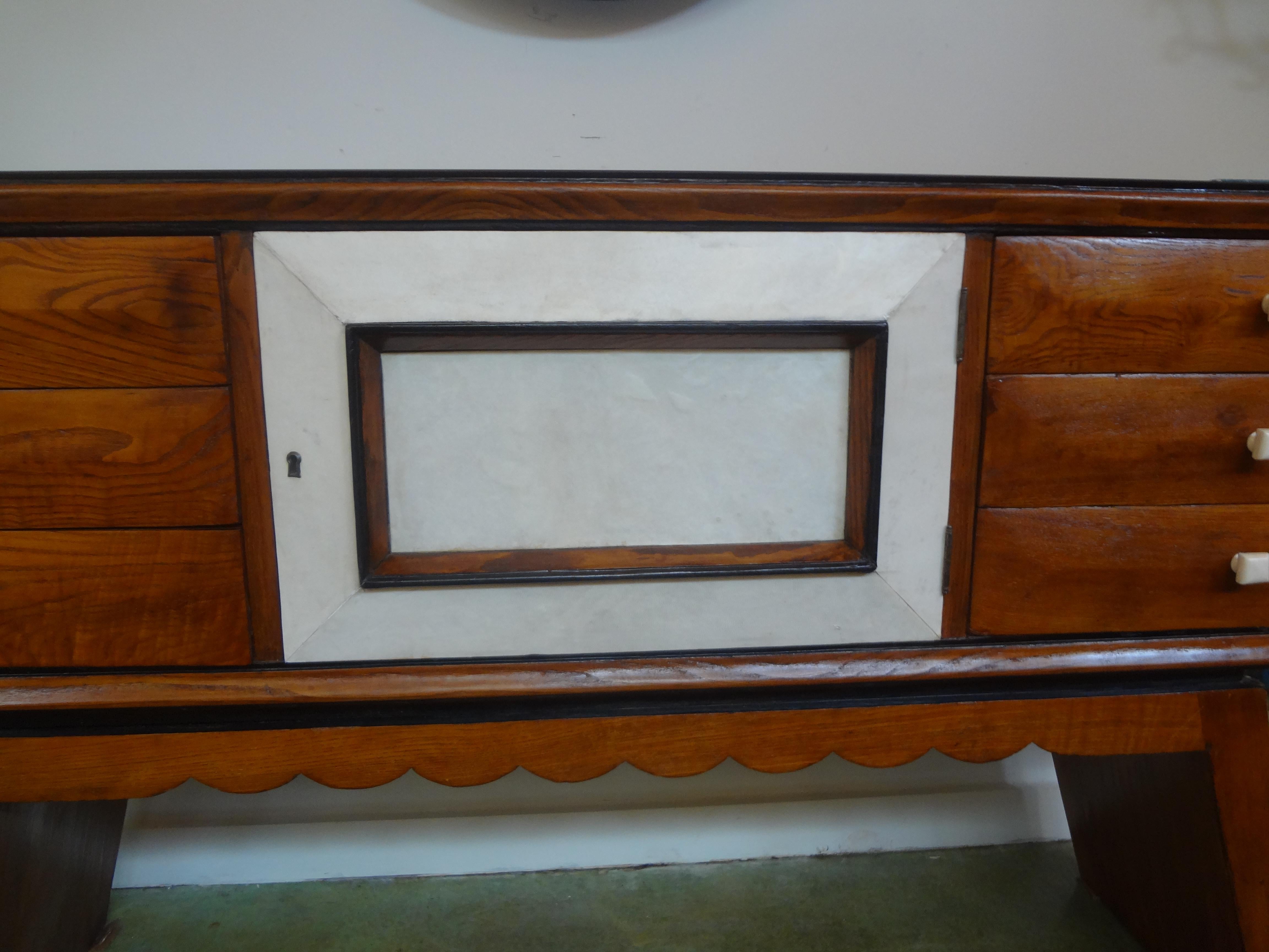 Brutalist Italian Mid-Century Wood and Shagreen Credenza or Commode After Paolo Buffa