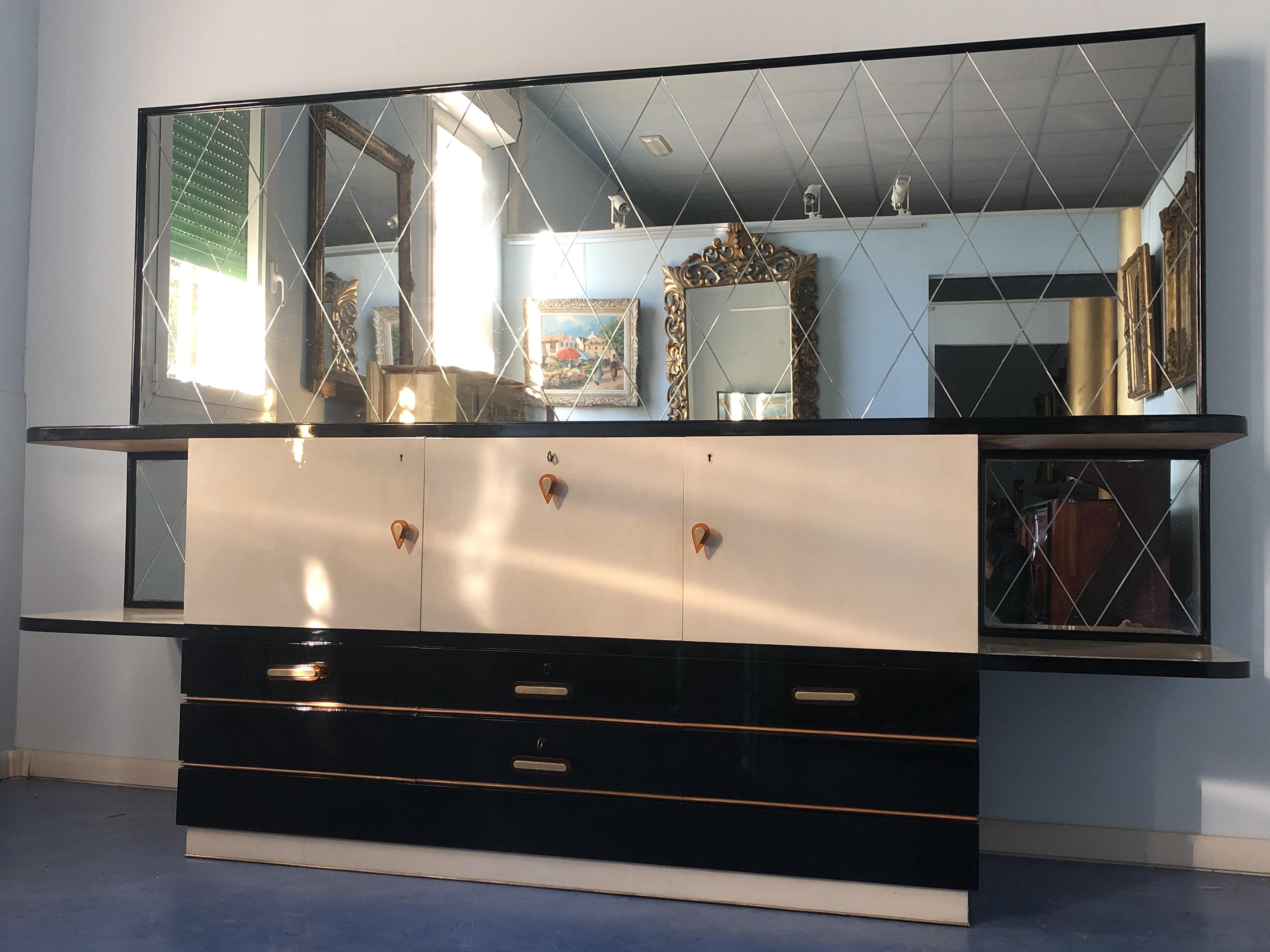 Ebonized Italian Midcentury Parchment Black Lacquered Sideboard, 1950 For Sale