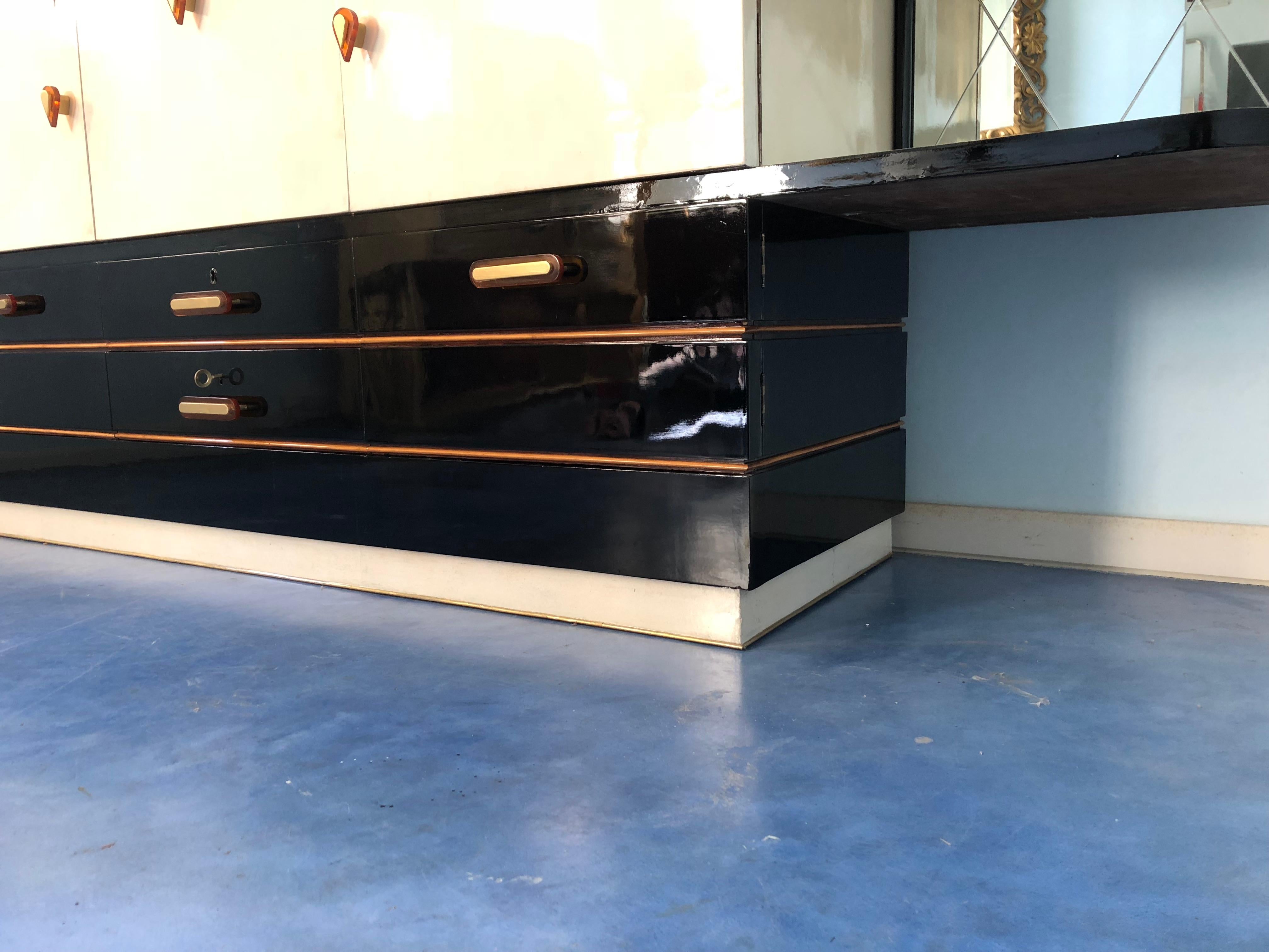 Mid-20th Century Italian Midcentury Parchment Black Lacquered Sideboard, 1950 For Sale