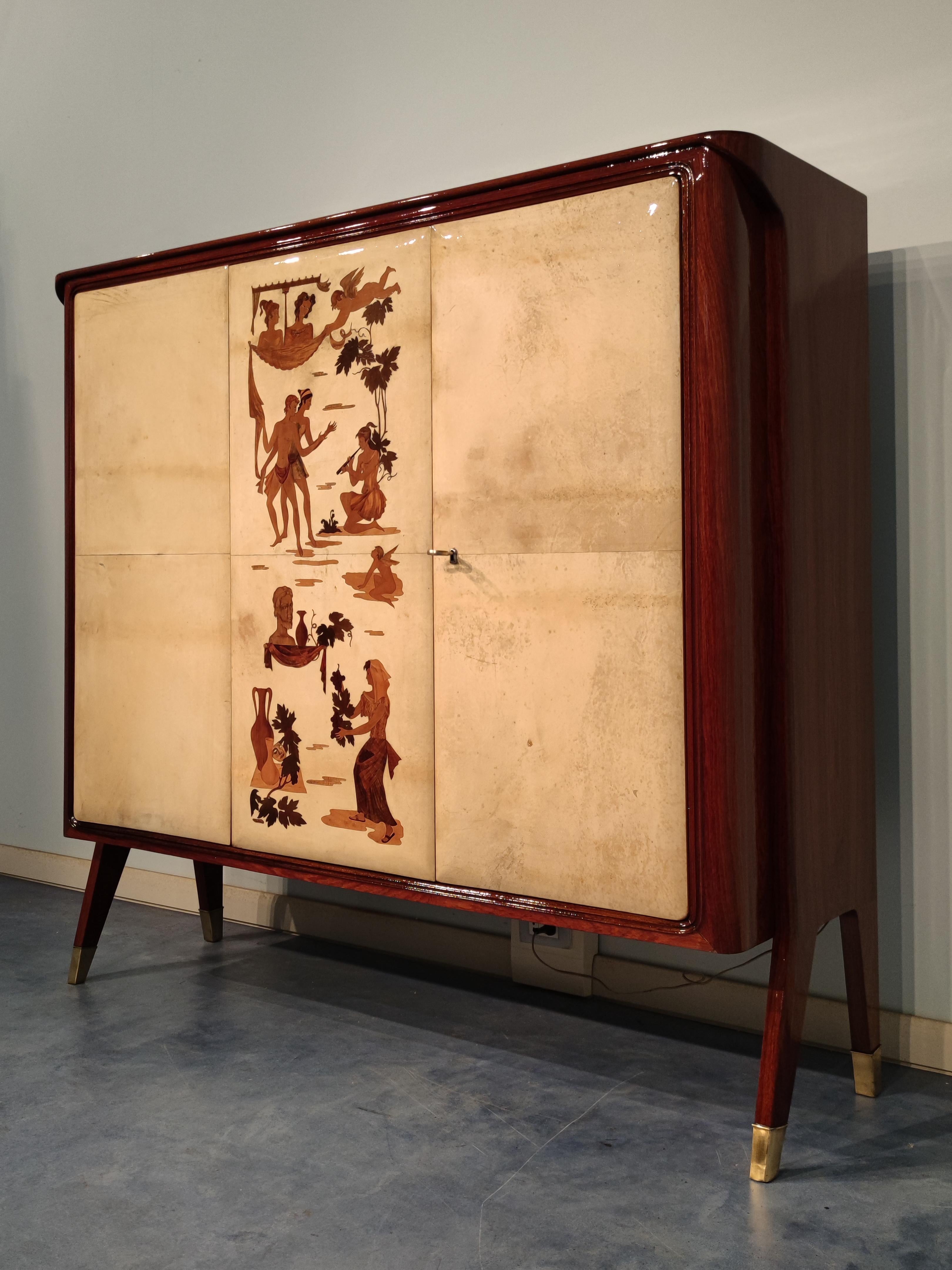 Italian Mid-Century Parchment Cabinet Bar by Vittorio Dassi, 1950s In Good Condition In Traversetolo, IT