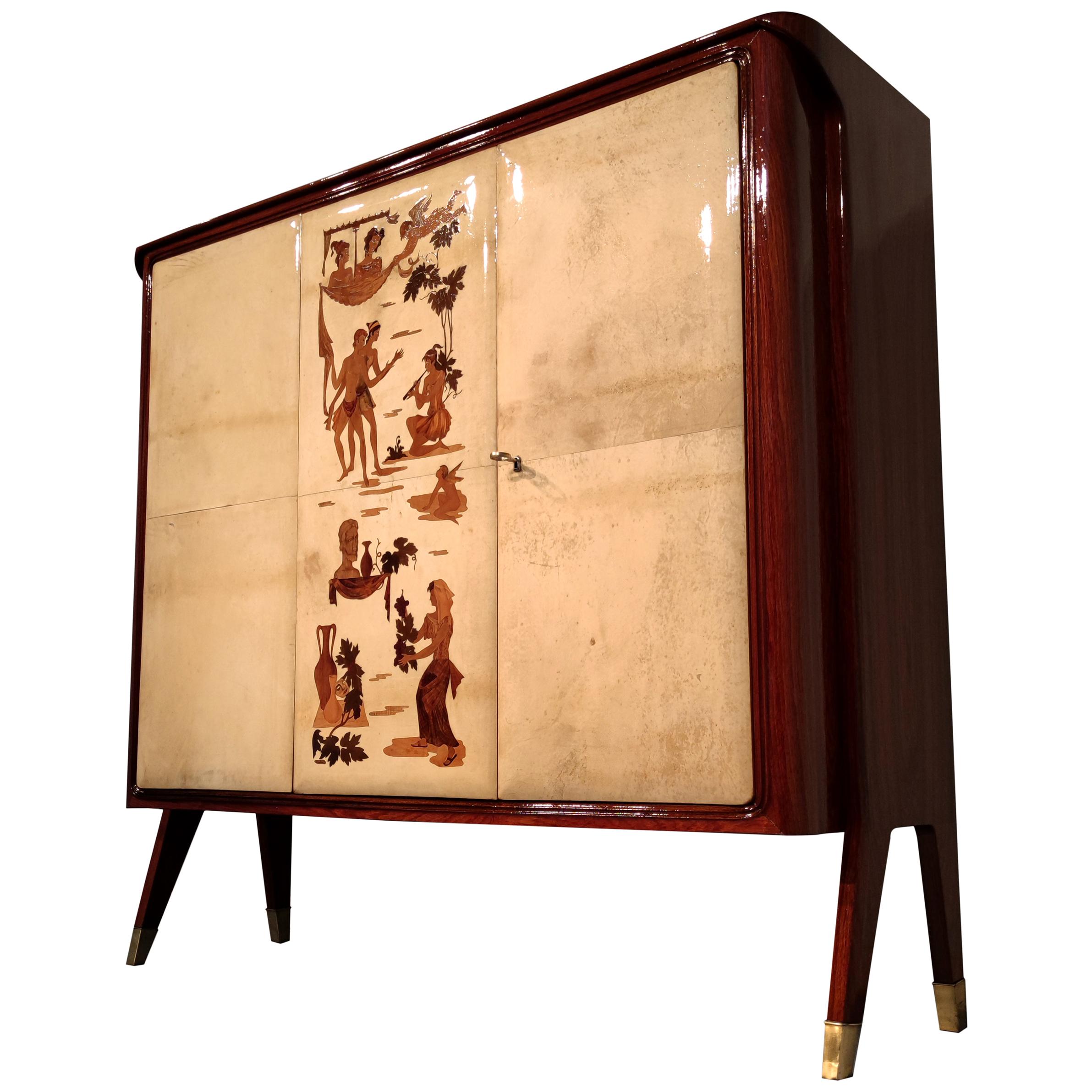 Italian Mid-Century Parchment Cabinet Bar by Vittorio Dassi, 1950s